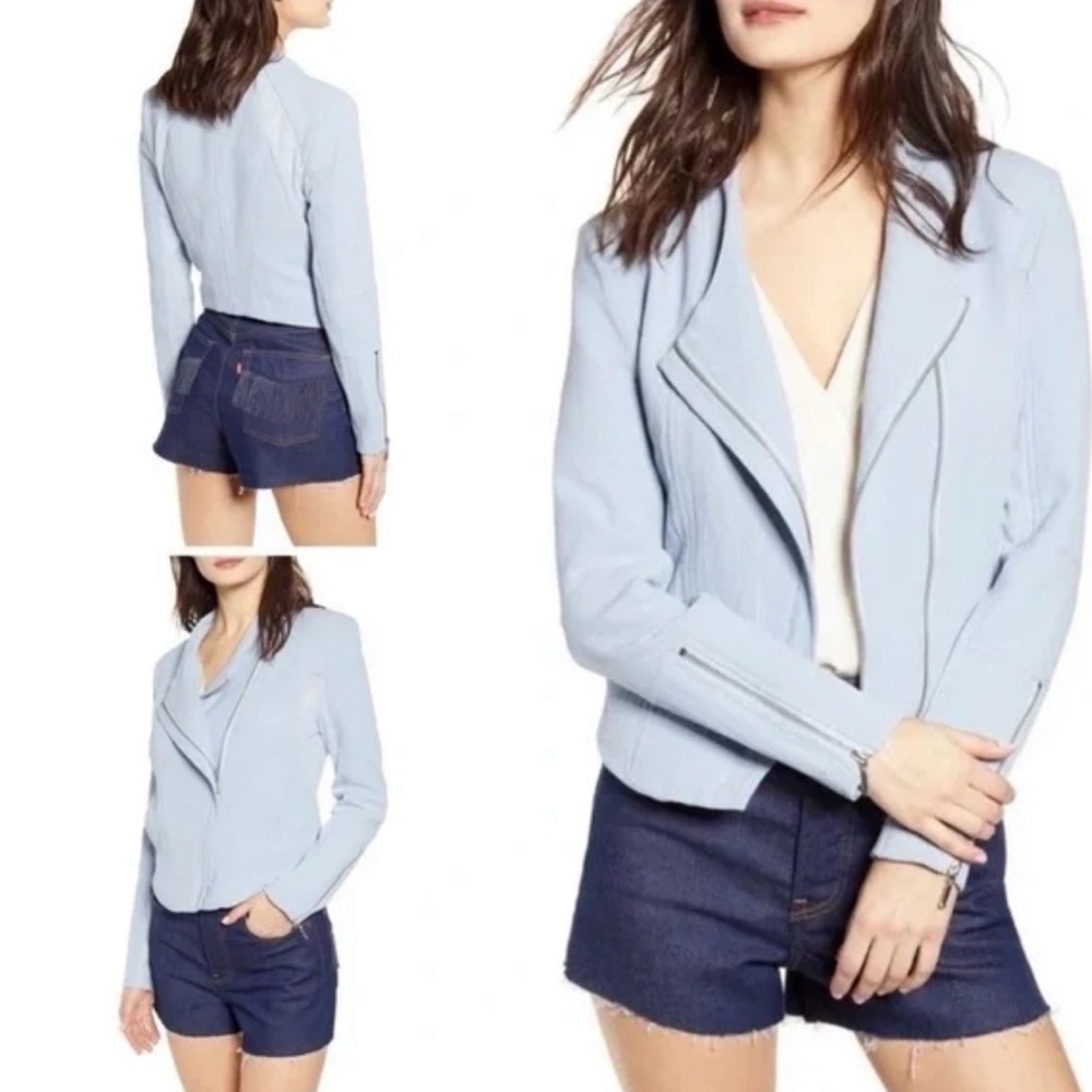 Blank NYC light blue mesh detail asymmetrical zippered crepe moto jacket XL